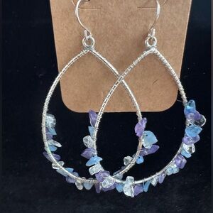 Silver Wire Wrapped Amethyst Gemstone Beaded Teardrop Earrings